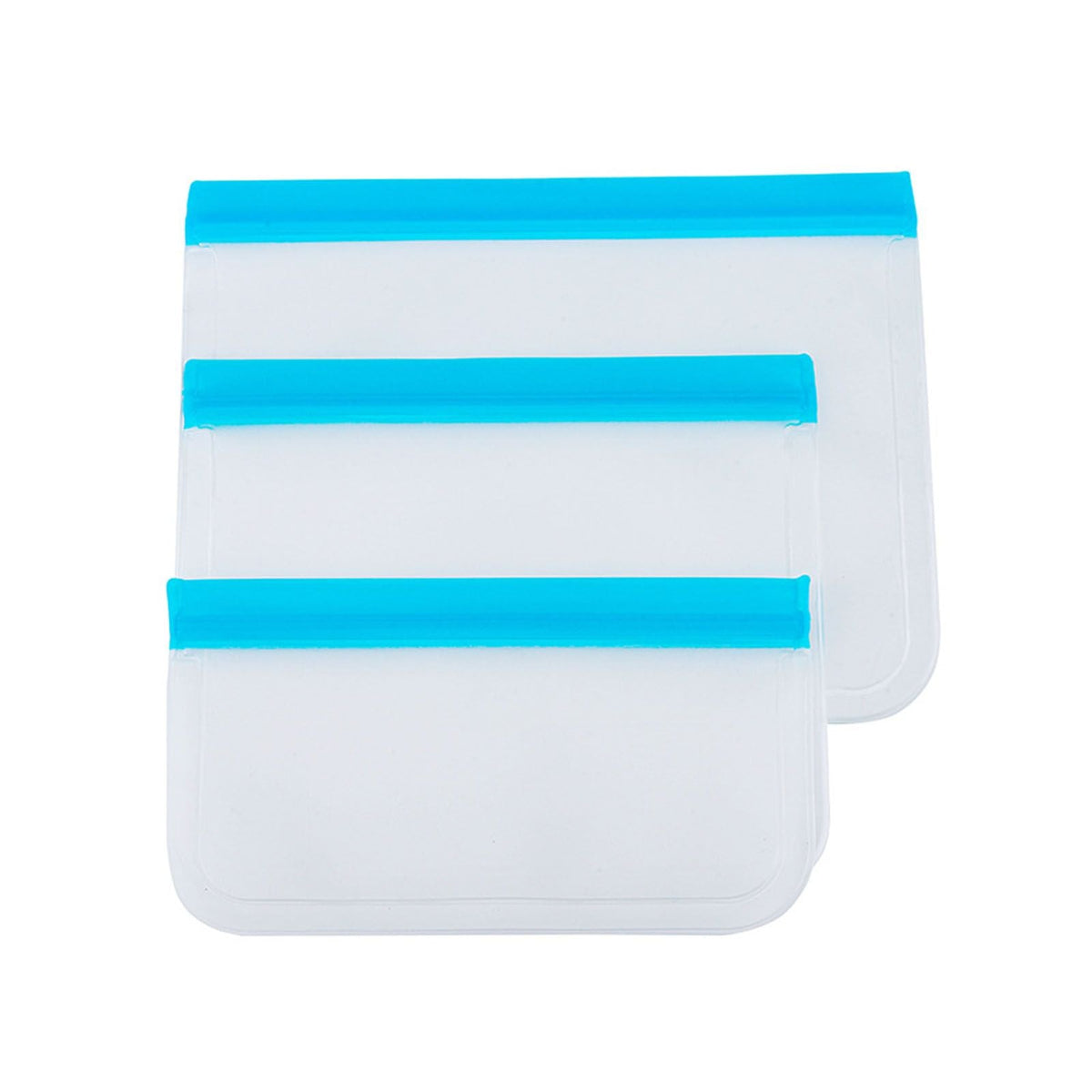 20PCS Reusable Ziplock Bags with translucent white flexible bodies and bright blue double zipper closures in two sizes