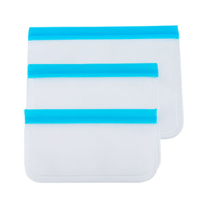 20PCS Reusable Ziplock Bags in translucent flexible plastic, shown in three sizes with bright blue double-zipper closures