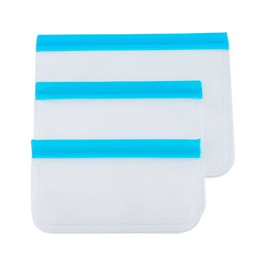20PCS Reusable Ziplock Bags in translucent flexible plastic, shown in three sizes with bright blue double-zipper closures