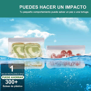 20PCS Reusable Ziplock Bags in translucent material with double zipper seals, holding sandwich halves and red produce.