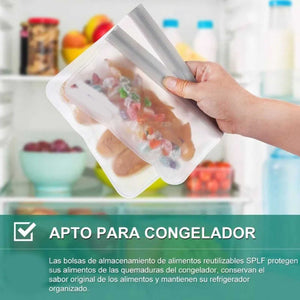 20PCS Reusable Ziplock Bags in translucent, flexible plastic, with double zipper seals and assorted frozen foods visible inside