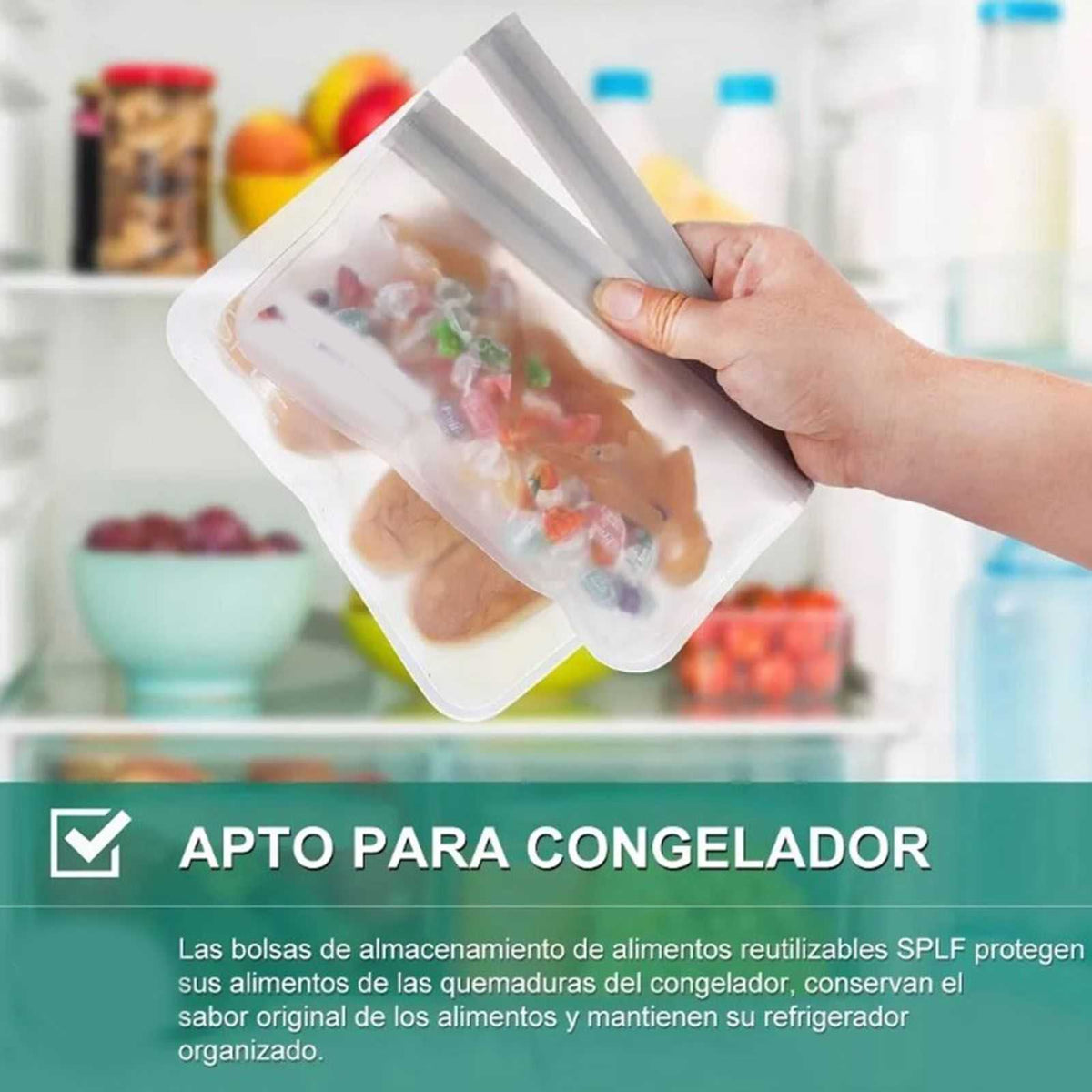 20PCS Reusable Ziplock Bags in translucent, flexible plastic, with double zipper seals and assorted frozen foods visible inside