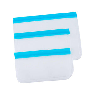 20PCS Reusable Ziplock Bags in translucent PEVA, shown in two sizes with bright blue double-zipper seals