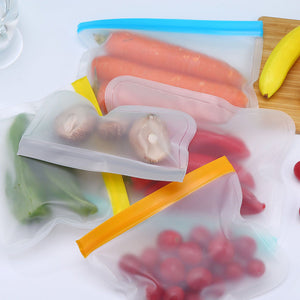 20PCS Reusable Ziplock Bags in translucent PEVA with blue, yellow and pink double zippers, holding assorted produce