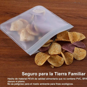 20PCS Reusable Ziplock Bags in translucent PEVA with a double zipper, shown holding snacks beside loose chips