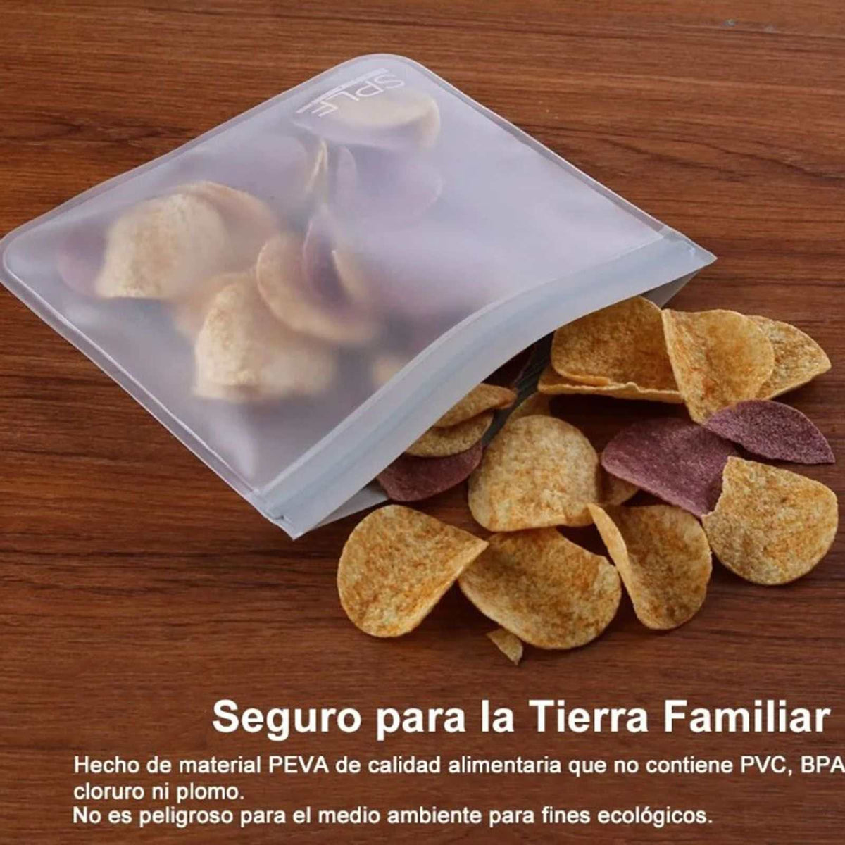 20PCS Reusable Ziplock Bags in translucent PEVA with a double zipper, shown holding snacks beside loose chips