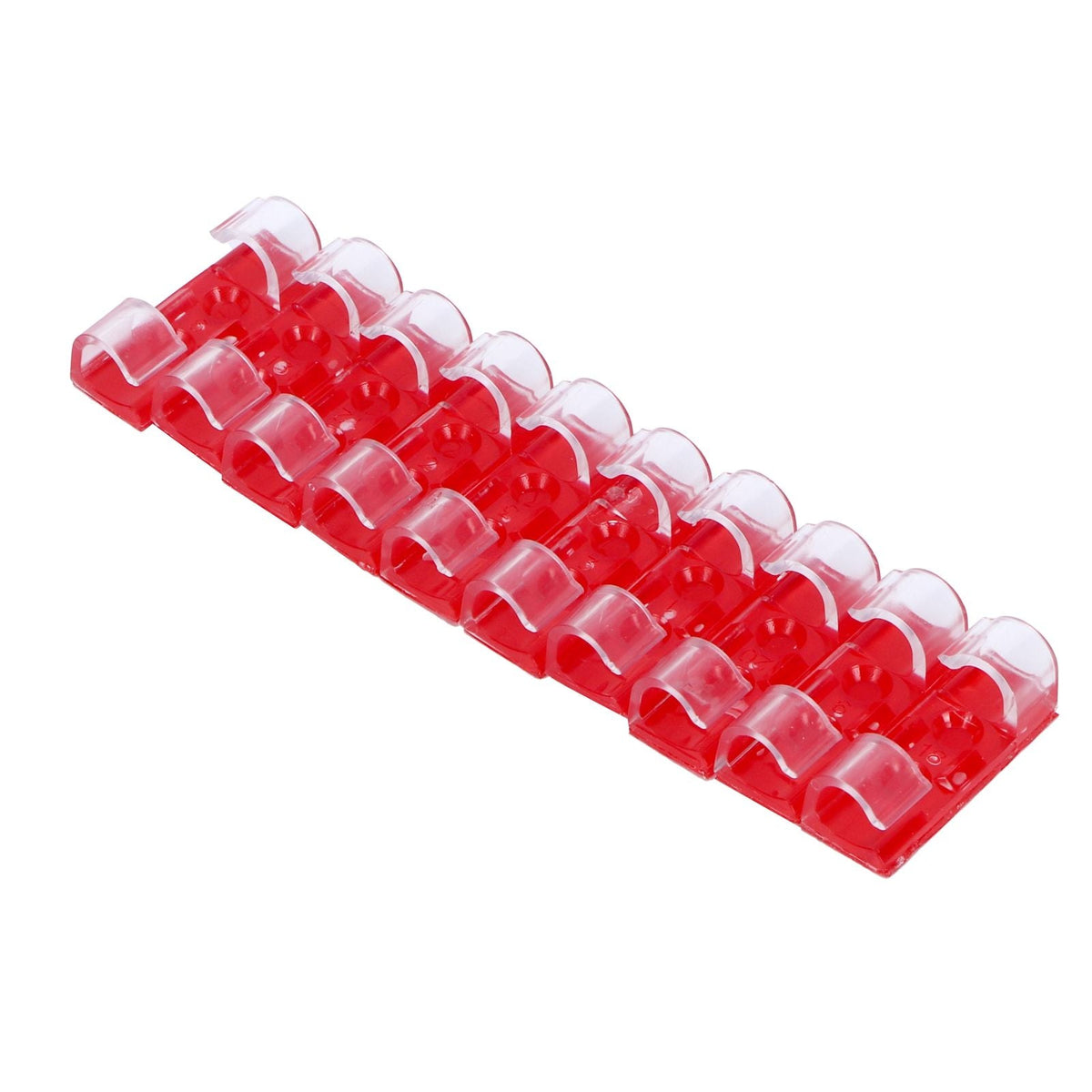 20Pcs Wire Clamp cable clips in a bright red transparent plastic strip, with clear curved snap-in holders.