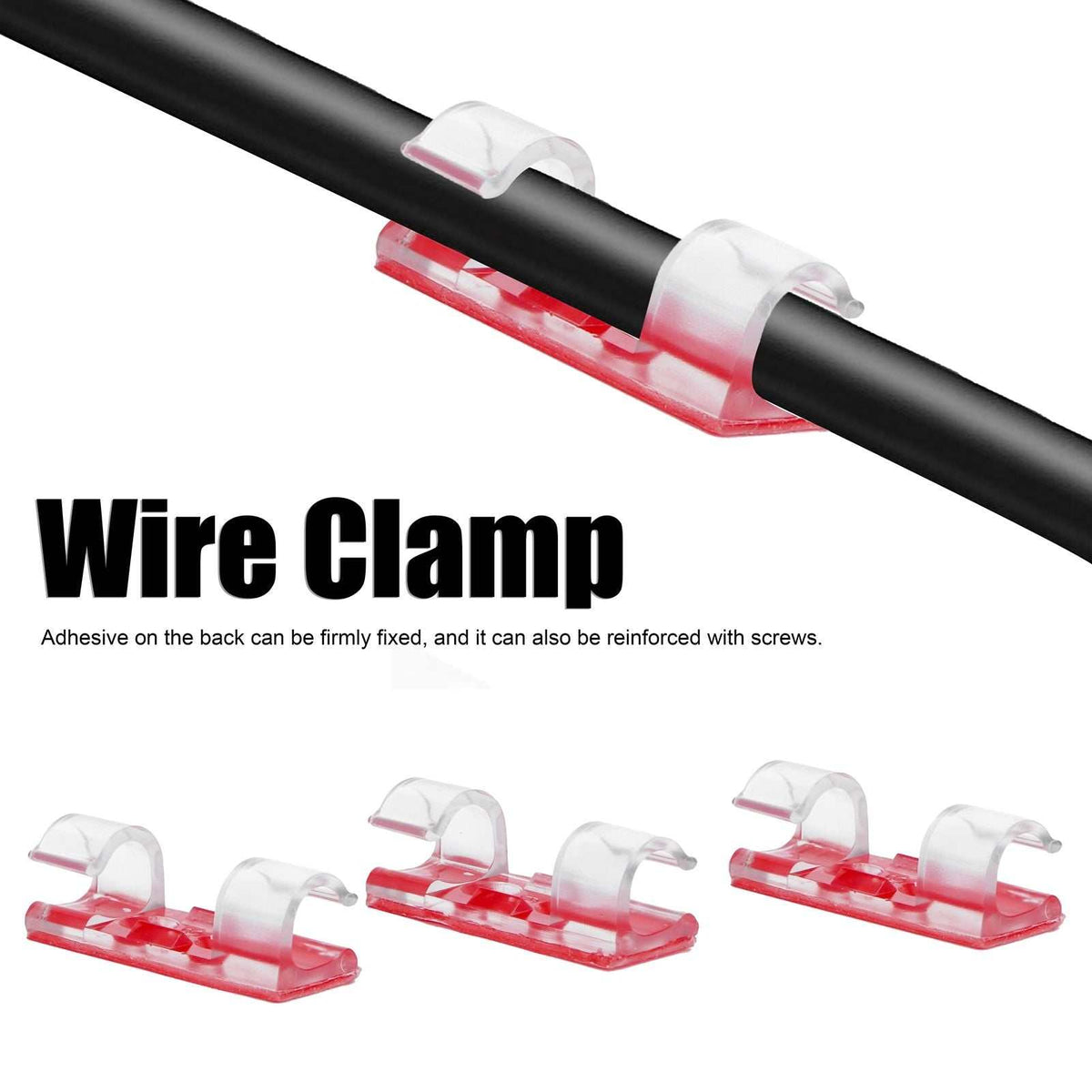 20Pcs Wire Clamp transparent plastic cable clips with red adhesive bases, curved jaws securing black cables