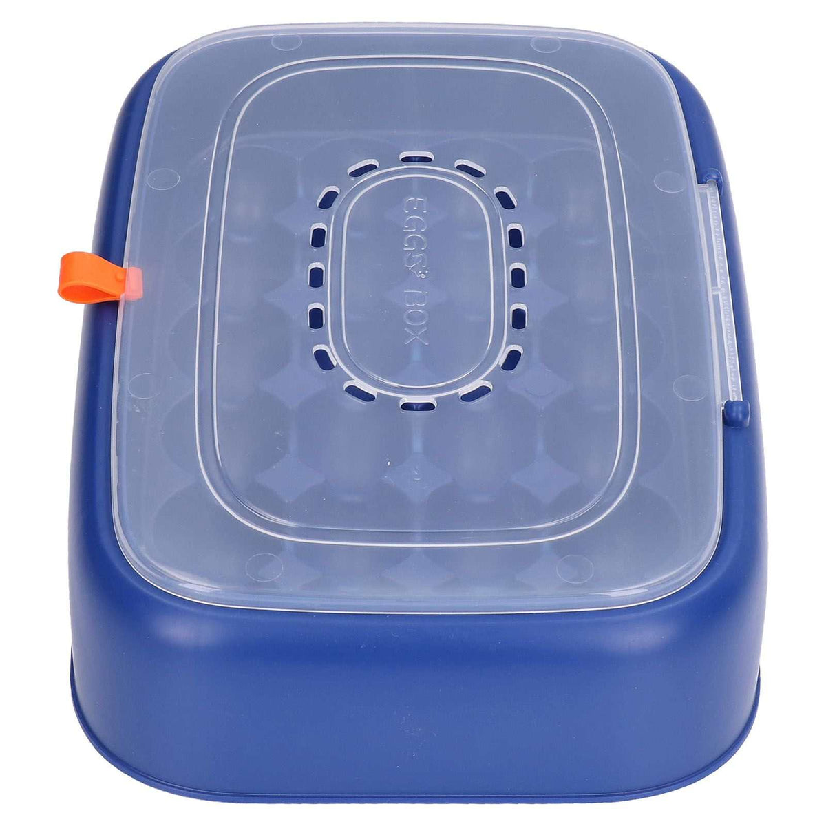 24 Eggs Containers: dark blue ABS egg storage box with translucent lid, ventilation slots and orange side latch.