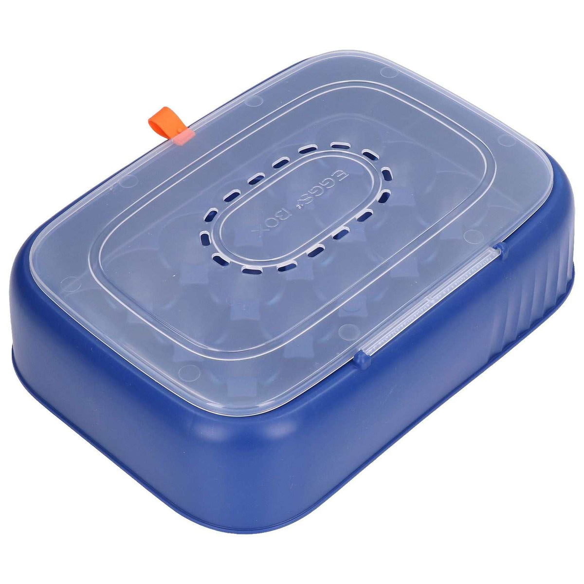 24 Eggs Containers egg storage box in dark blue ABS with a clear ventilated lid and orange latch