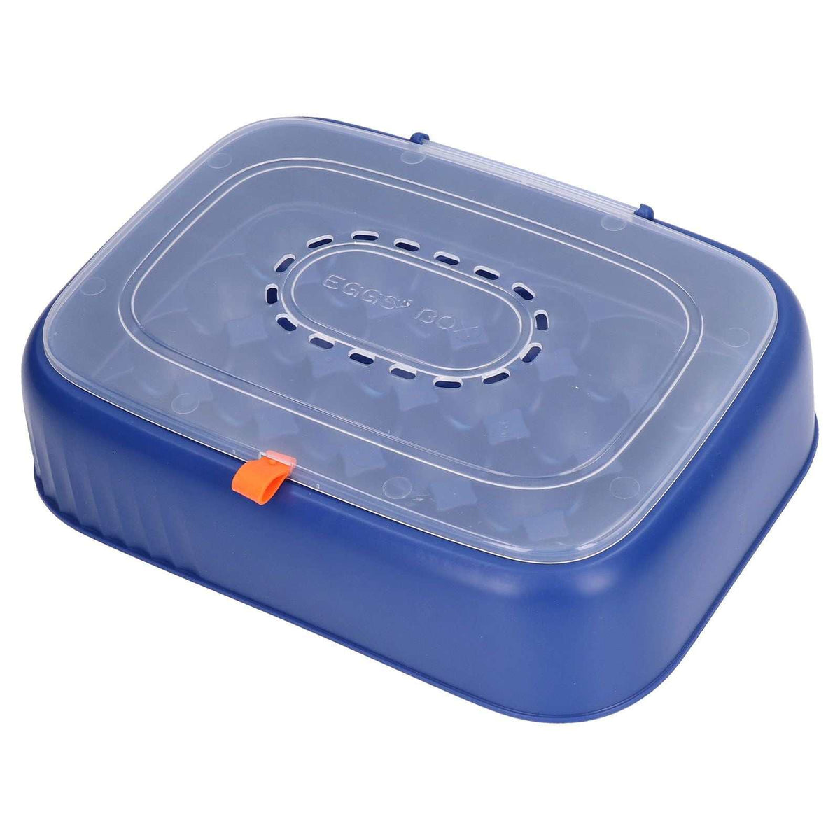 24 Eggs Containers in dark blue ABS with a translucent clamshell lid, ventilated center and orange latch