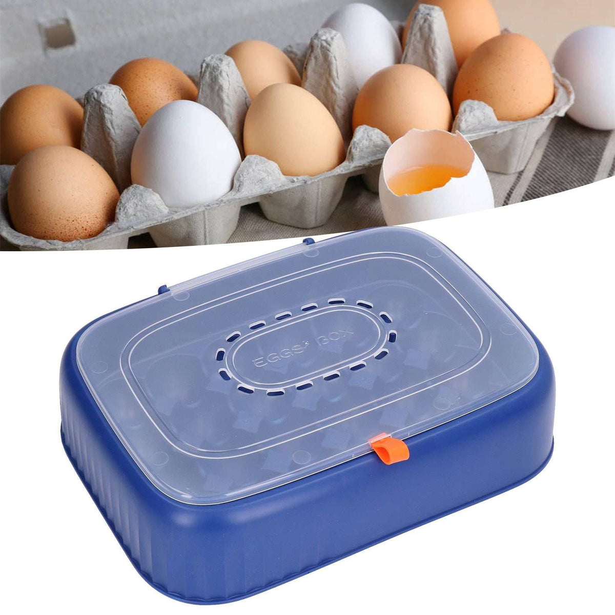 24 Eggs Containers egg storage box in dark blue and clear plastic, with a vented lid, orange latch, and grooved base.