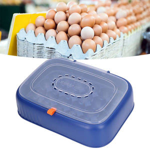 Egg storage box, 24 Eggs Containers, with a dark blue ABS base, clear ventilated lid and orange latch