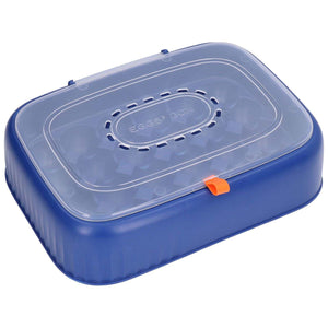 24 Eggs Containers egg storage box in dark blue ABS plastic, with a clear vented lid and orange front clasp