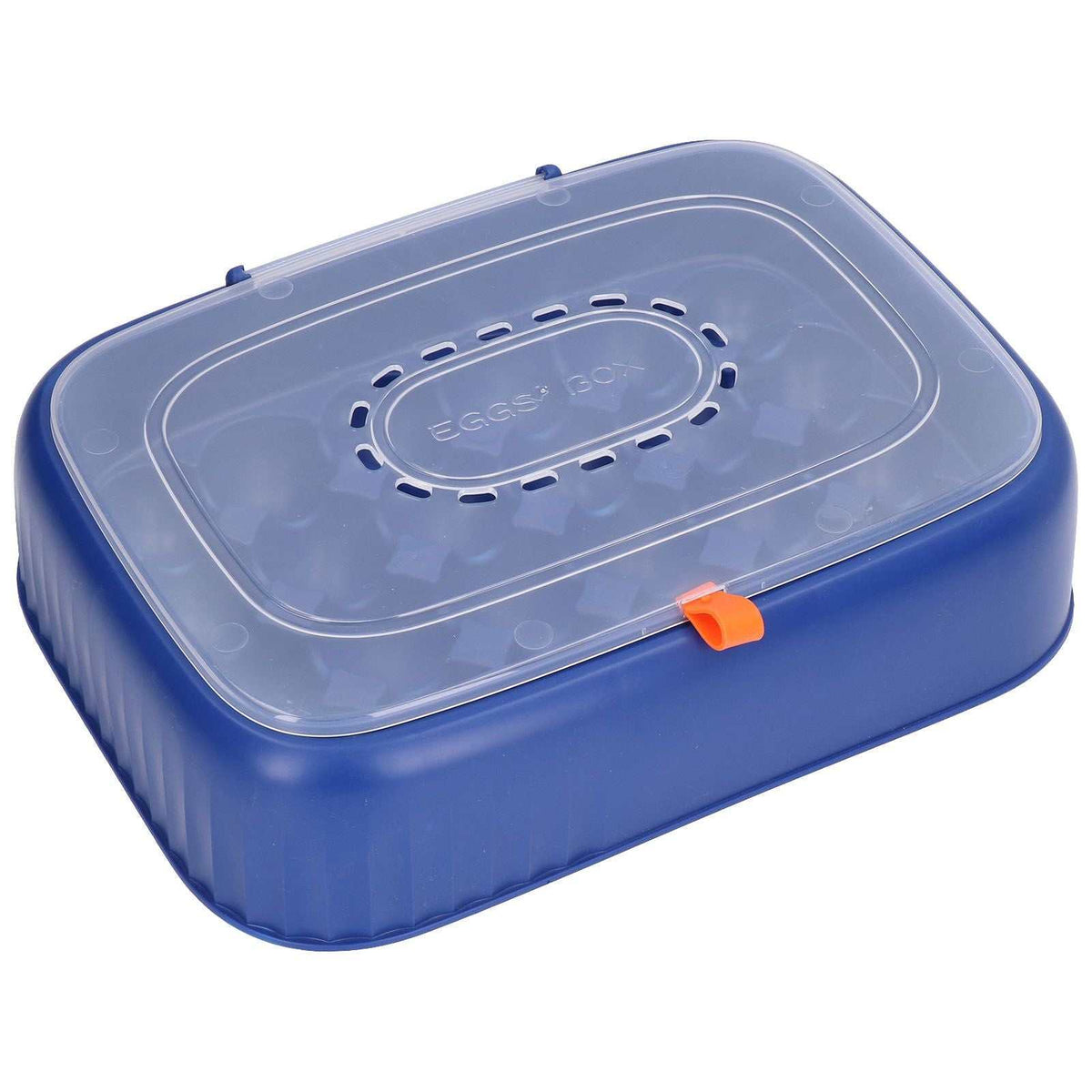 24 Eggs Containers egg storage box in dark blue ABS plastic, with a clear vented lid and orange front clasp