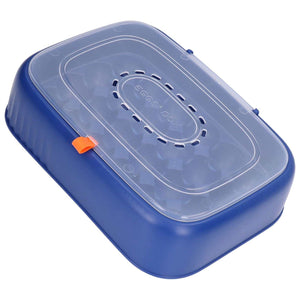 24 Eggs Containers egg storage box in dark blue ABS with a clear vented lid and orange clasp