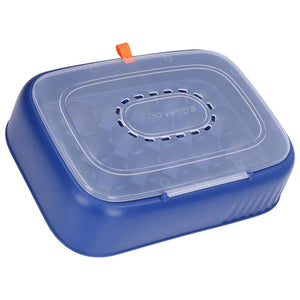 24 Eggs Containers egg storage box in dark blue ABS plastic, with a translucent vented lid and orange tab