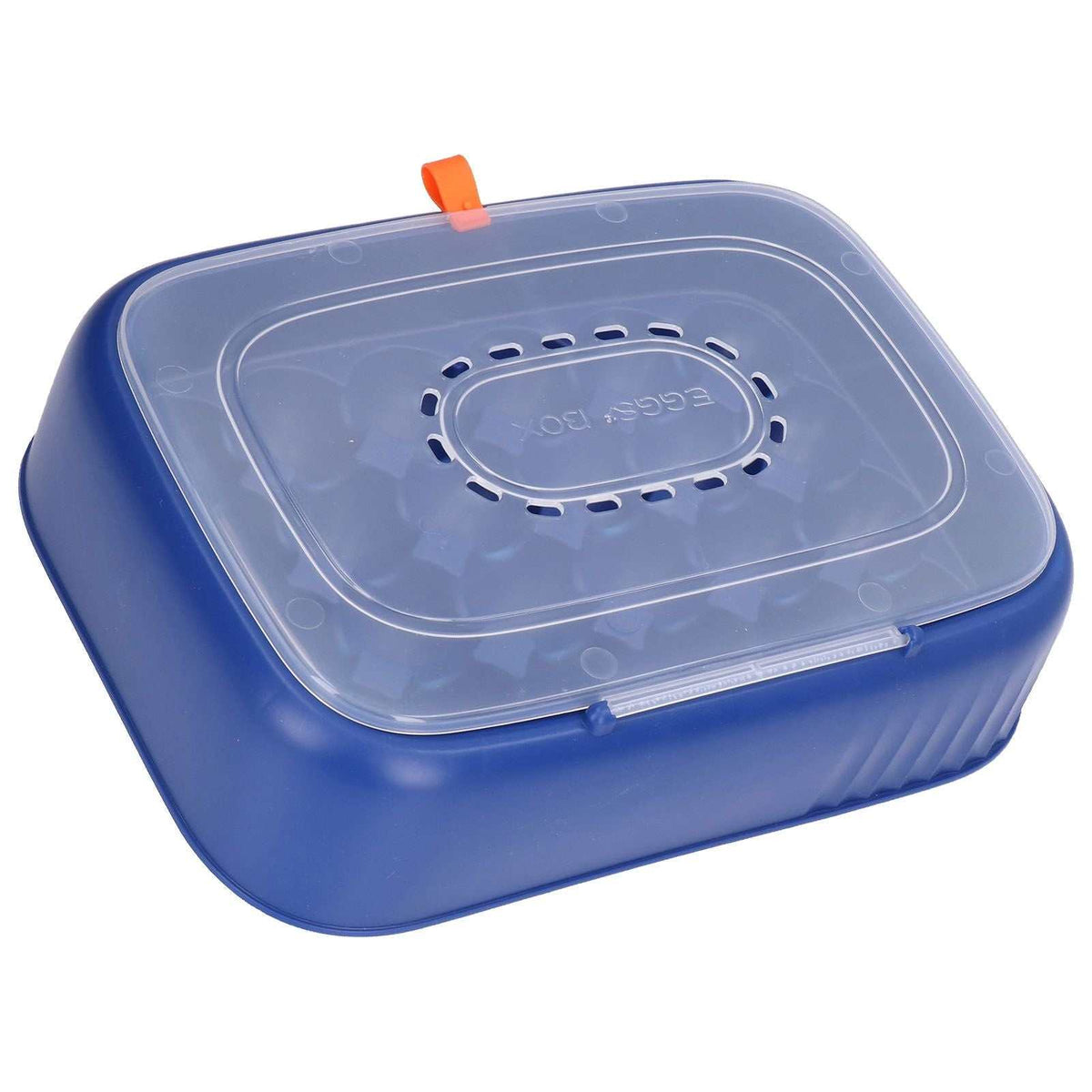 24 Eggs Containers egg storage box in dark blue ABS plastic, with a translucent vented lid and orange tab