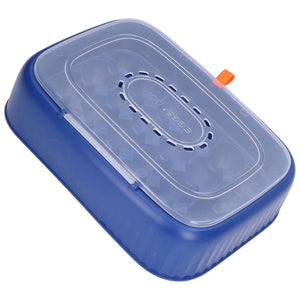 24 Eggs Containers, a dark blue plastic egg storage box with a clear vented lid and orange clasp