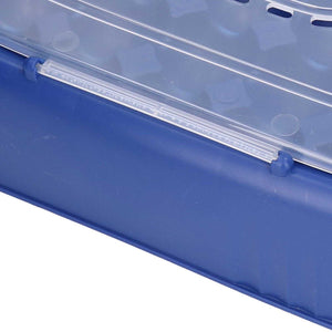 24 Eggs Containers dark blue plastic egg storage box with a clear measuring strip and molded lid details