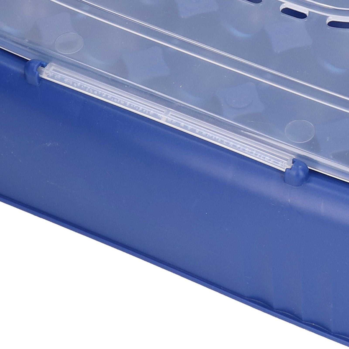 24 Eggs Containers dark blue plastic egg storage box with a clear measuring strip and molded lid details