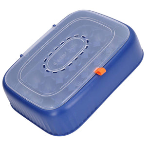 24 Eggs Containers storage box in dark blue ABS with a translucent vented lid, orange clasp and rounded clamshell design