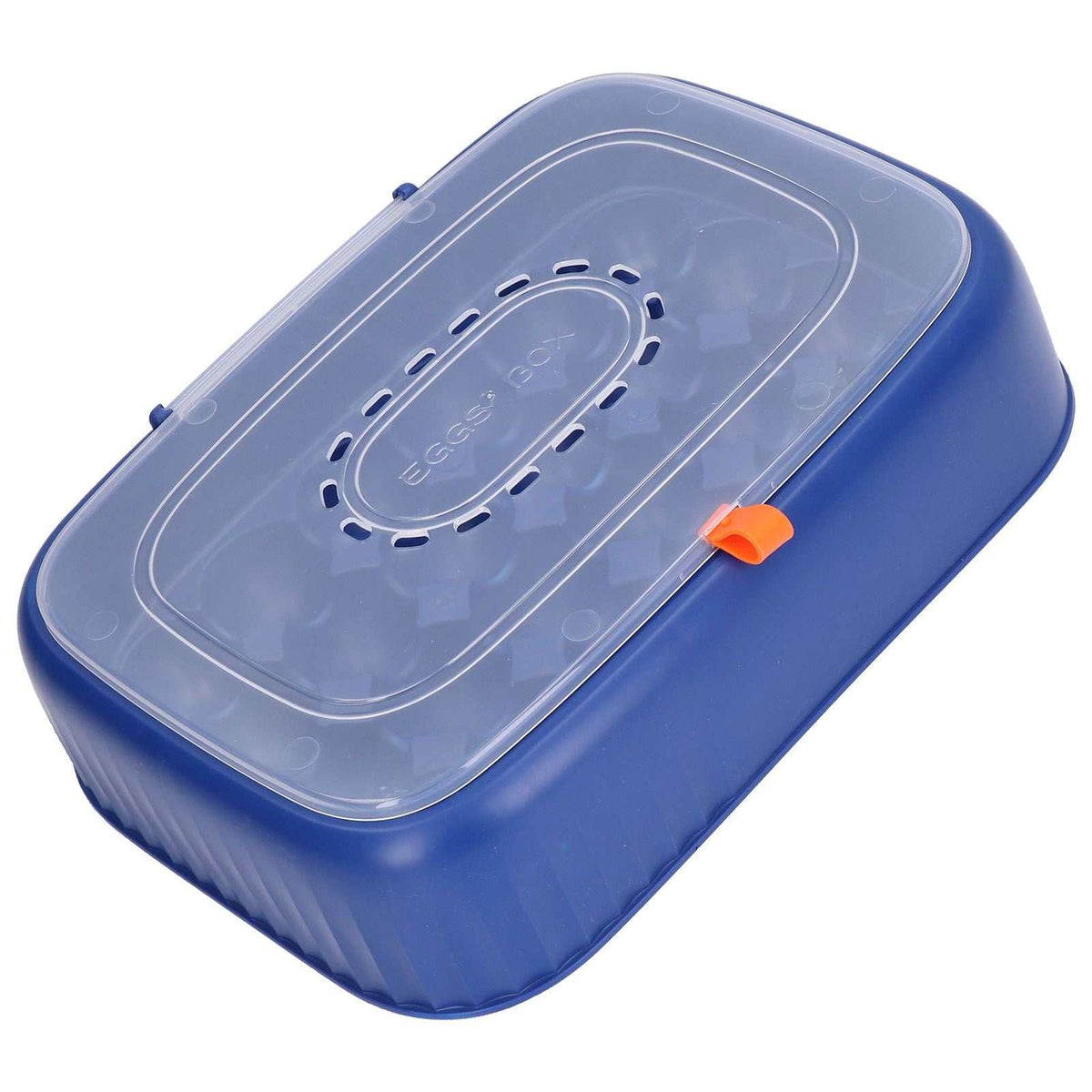 24 Eggs Containers storage box in dark blue ABS with a translucent vented lid, orange clasp and rounded clamshell design