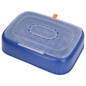 24 Eggs Containers egg storage box in dark blue ABS plastic with a translucent vented lid and orange latch