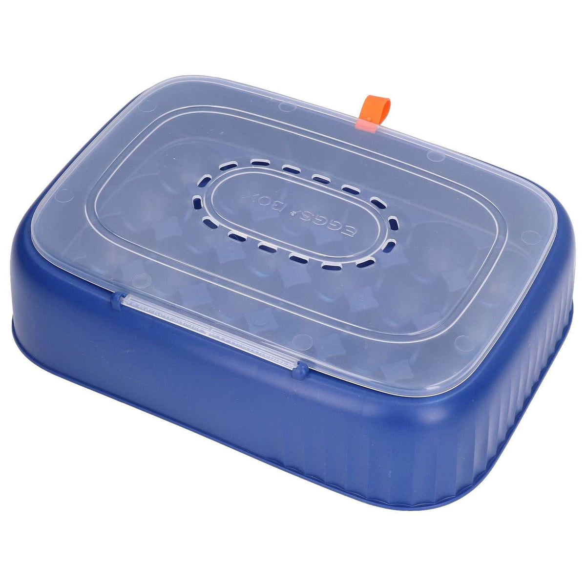 24 Eggs Containers egg storage box in dark blue ABS plastic with a translucent vented lid and orange latch