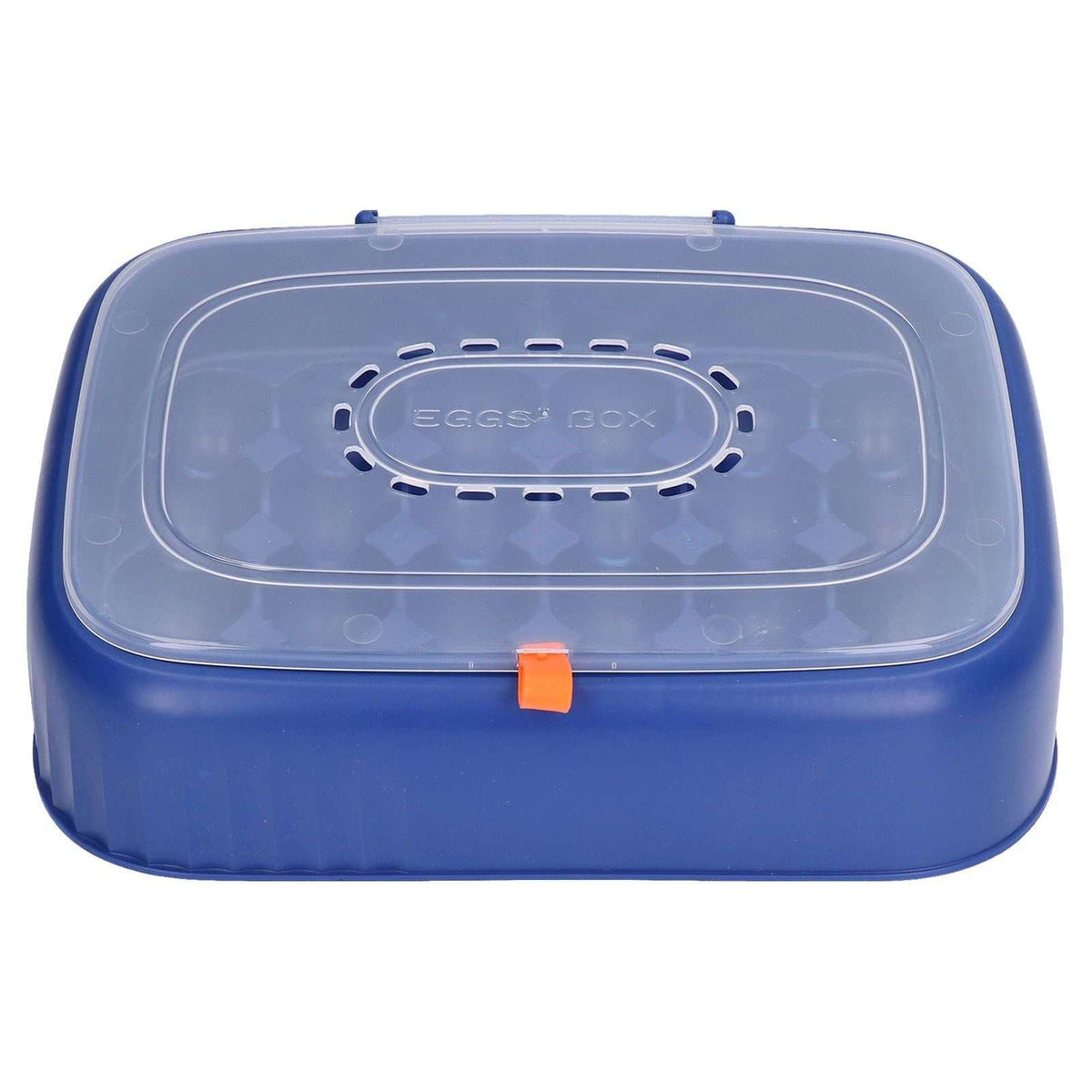 24 Eggs Containers egg storage box in dark blue plastic with a translucent vented lid and orange front latch