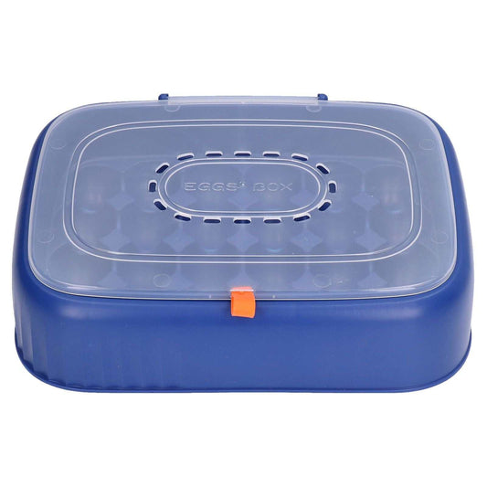 24 Eggs Containers egg storage box in dark blue plastic with a translucent vented lid and orange front latch