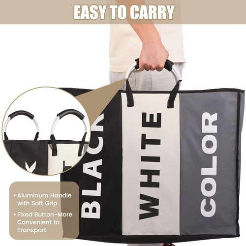 240L Laundry Basket with black, cream and grey fabric sorting compartments, bold labels and aluminium soft-grip handles