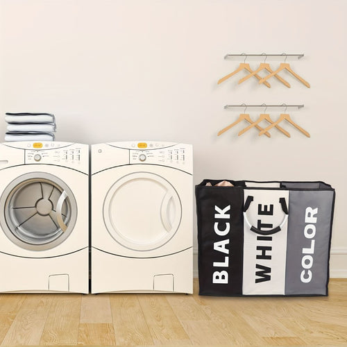 240L Laundry Basket with three black, white and grey fabric compartments labeled for sorting black, white and colour laundry