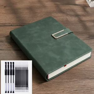 25-Piece Premium A5 Business Notebook Set with a dark green leather-look cover, silver clasp, pens and refills
