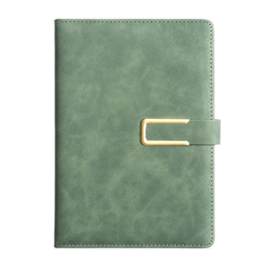 25-Piece Premium A5 Business Notebook Set featuring a sage green PU leather notebook with stitched edges and gold-tone clasp
