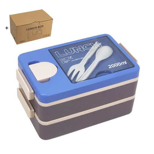 2L Double-Layer Bento Lunch Box in blue and dark gray plastic, with beige clasps, clear utensil lid and sauce cup