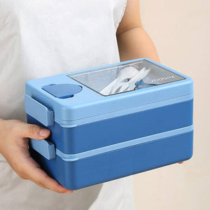 2L Double-Layer Bento Lunch Box in blue plastic with two stacked tiers, secure side clasps, and a clear top lid