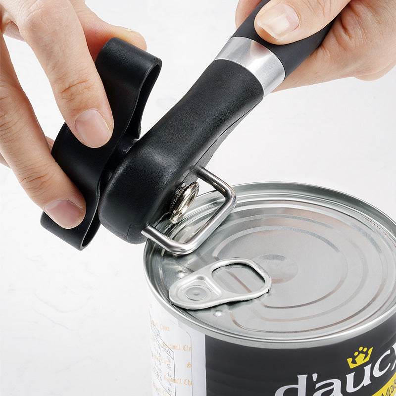2pc Multifunctional Safe-Cut Can Opener with a black ergonomic handle and silver cutter head gripping a pull-tab can