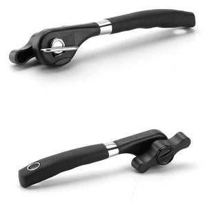 2pc Multifunctional Safe-Cut Can Opener set with black ergonomic handles, silver metal bands and side-cutting heads