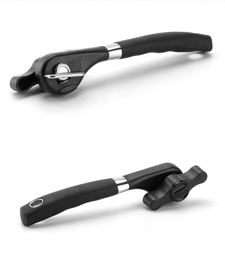 2pc Multifunctional Safe-Cut Can Opener set with black ergonomic handles, silver metal bands and side-cutting heads