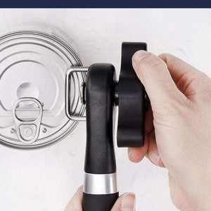 2pc Multifunctional Safe-Cut Can Opener with a black ergonomic handle and stainless steel cutting head, gripping a can lid