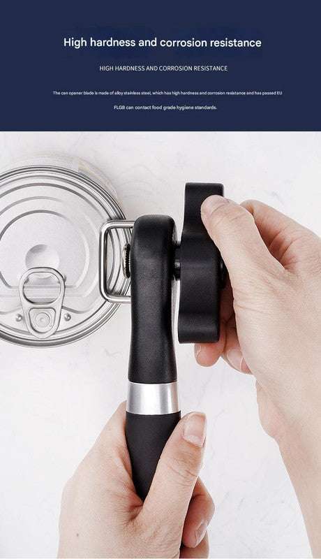 2pc Multifunctional Safe-Cut Can Opener with a black ergonomic handle and stainless steel cutting head, gripping a can lid