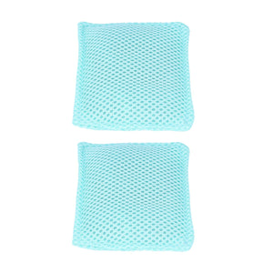 2PCS Dish Scrubber cloths in aqua blue mesh, with a flexible square shape and open woven texture