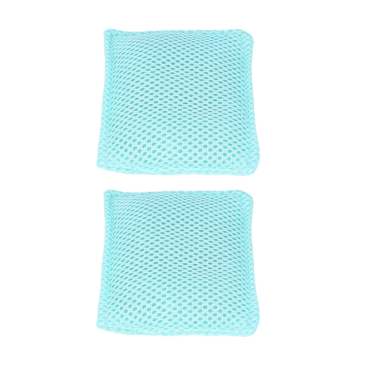 2PCS Dish Scrubber cloths in aqua blue mesh, with a flexible square shape and open woven texture