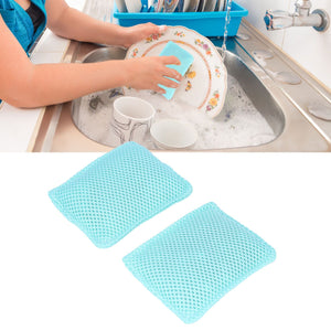 2PCS Dish Scrubber cloths in turquoise blue mesh, shown as two reusable rectangular pads with a flexible, textured weave