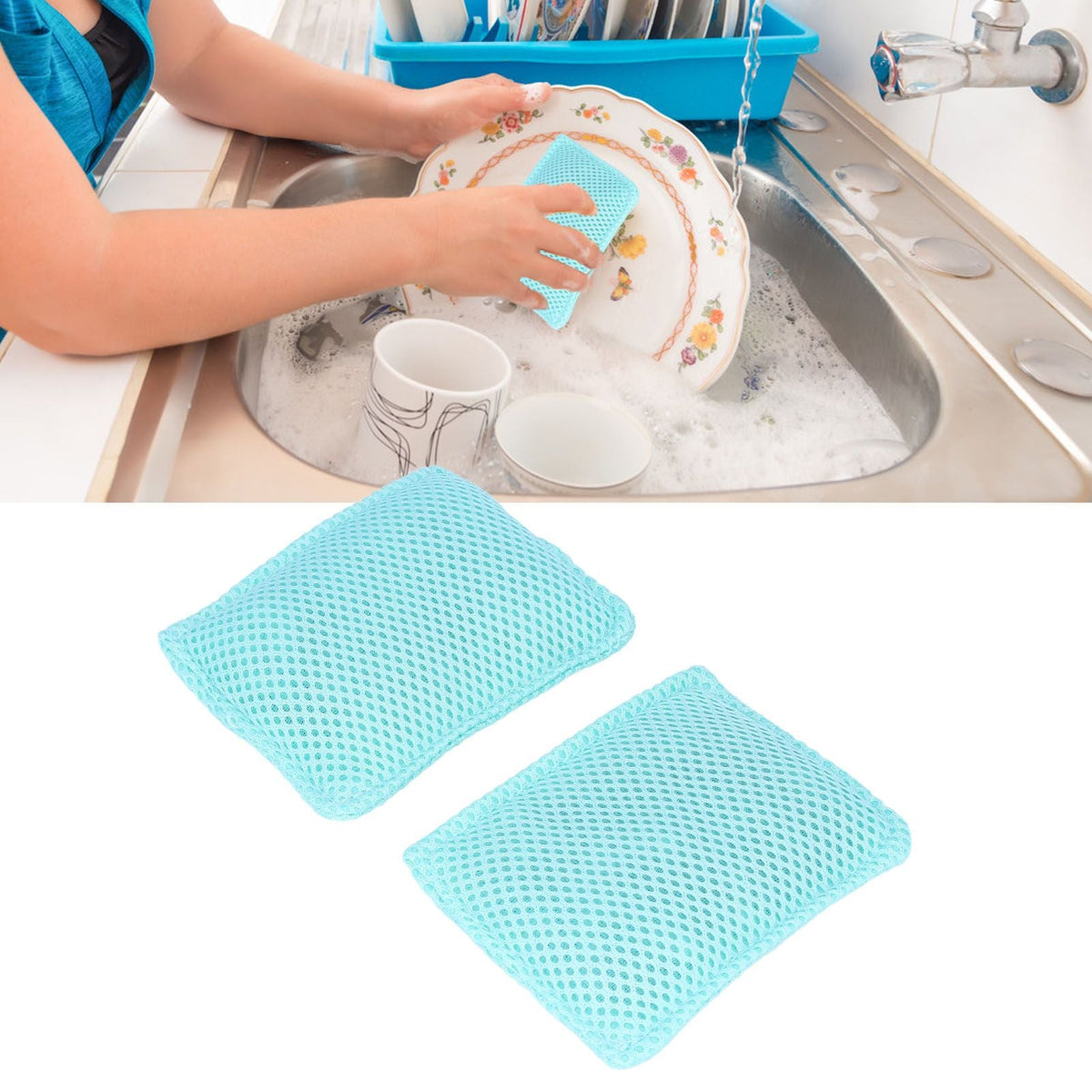 2PCS Dish Scrubber cloths in turquoise blue mesh, shown as two reusable rectangular pads with a flexible, textured weave