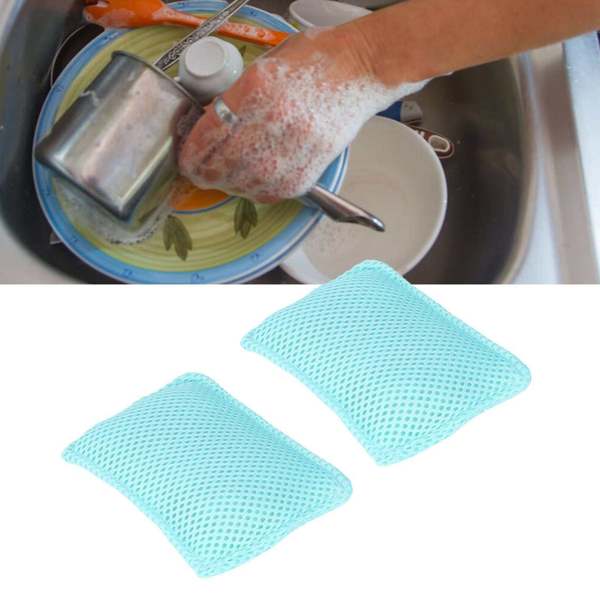 2PCS Dish Scrubber cloths in light turquoise mesh, shown as two flexible rectangular pads with a textured open-weave surface