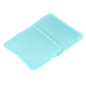 2PCS Dish Scrubber cloths in pale turquoise mesh, featuring a flexible perforated texture and stitched edges.