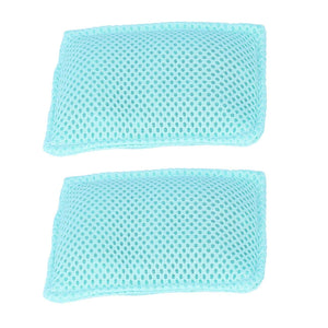 2PCS Dish Scrubber cloths in pale turquoise, made from flexible open-weave mesh with rounded rectangular shapes
