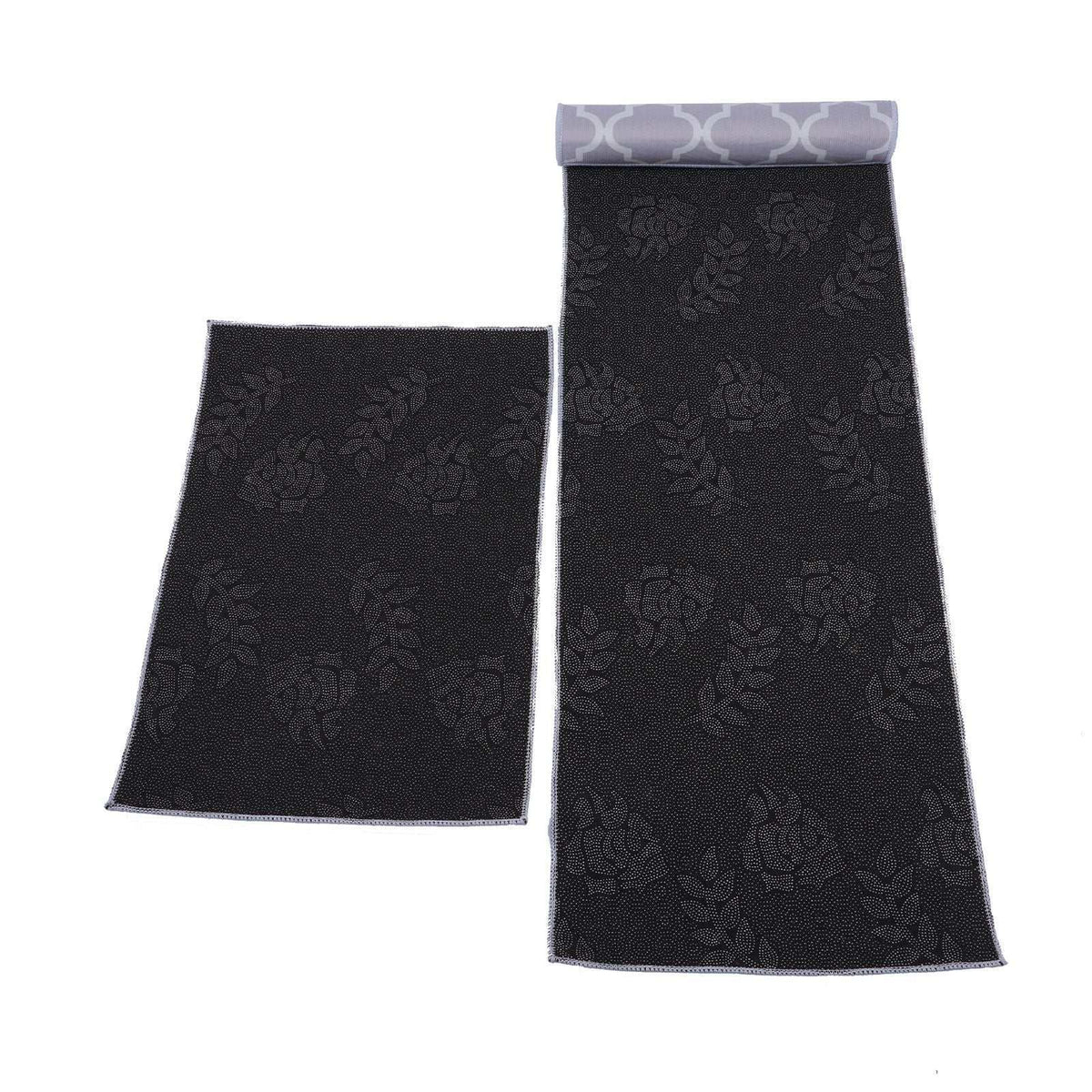 2Pcs Kitchen Mat set in charcoal polyester, featuring two sizes with a subtle raised floral pattern and grey borders